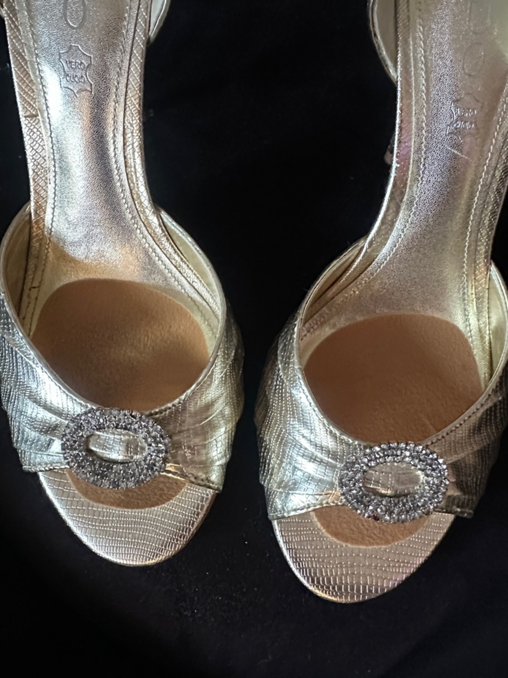 ALDO Gold Open-Toe Heels with Rhinestone Buckle - Picture 4 of 5